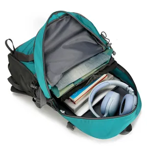 Water-resistant blue hiking backpack with large capacity and organized compartments