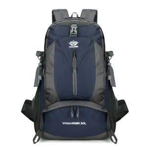 Waterproof 50L outdoor hiking backpack in blue and grey with multiple compartments