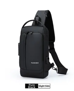 Side view of black anti-theft sling bag with USB port and built-in password lock