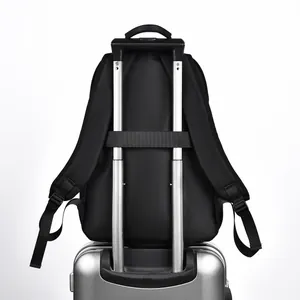 Black casual travel backpack with integrated trolley sleeve for luggage handle attachment