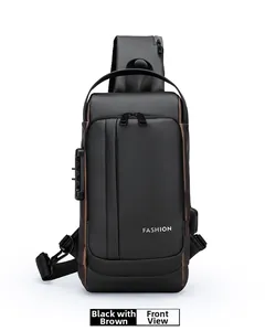 Front view of waterproof chest bag in black and brown with anti-theft lock and USB port