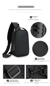 Detail view of anti-theft combination lock and breathable mesh back on black chest bag