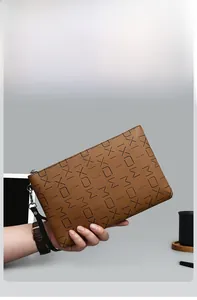 Brown leather men's business clutch with letter print and lychee texture detail