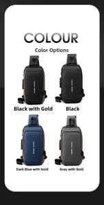 Colección de bolsos de pecho USB impermeables en negro, oro y azul con cierres de seguridad