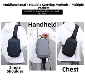 Detail view of anti-theft sling bag with integrated combination lock and USB charging port