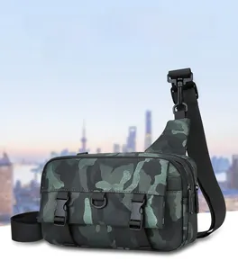 Detail of waterproof camouflage messenger bag with multi-layer zippers and buckle closure