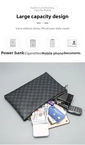 Detail showing high-capacity men's clutch bag holding phone, power bank and essentials
