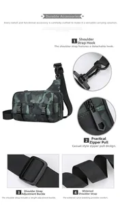 Detail view of camouflage cross-body bag featuring durable nylon fabric and adjustable straps