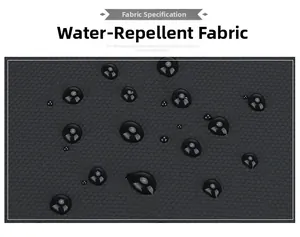 Macro view of water-resistant fabric with clear water droplets on the chest bag surface