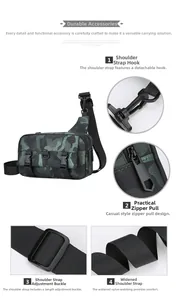 Detail view of tactical camo shoulder bag with durable hooks and adjustable nylon strap