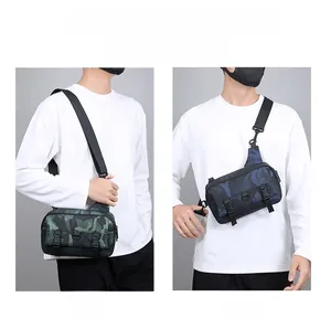 Detail showing camouflage crossbody bag in shoulder and chest carry modes for men