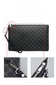 Detail of men's clutch featuring geometric print, smooth metal zipper, and detachable strap