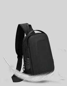 Detail of a lightweight anti-theft sling bag with 3-digit combination lock and hard shell