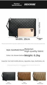 Detailed size chart showing three colors of letter print leather clutch bag for men