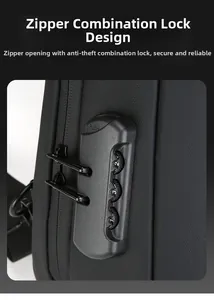 Detail view of the anti-theft three-digit combination lock on a black crossbody chest bag