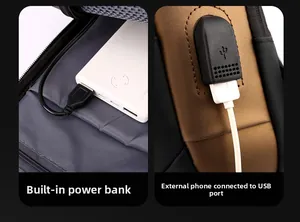 Detalle del puerto de carga USB integrado y del cable interno para batería externa