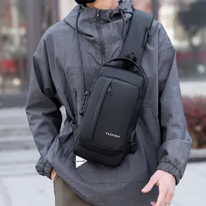 Waterproof black men's chest bag with anti-theft combination lock and USB charging port