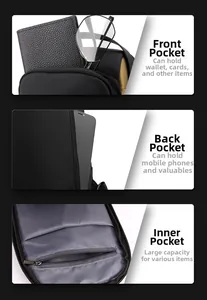 Detalle de almacenamiento de tres bolsillos del bolso cruzado negro con compartimentos