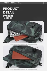 Detail of camouflage crossbody bag featuring multi-layer storage pockets and quick-release buckle