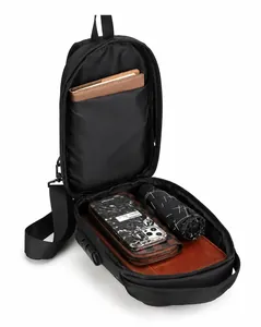 Detail of multi-compartment anti-theft chest bag showing large capacity and code lock
