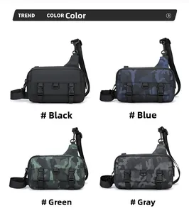 Collage of four stylish crossbody bags in black and three camouflage colors for men