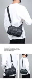 Detail view of urban crossbody bag showing camouflage patterns and adjustable buckles