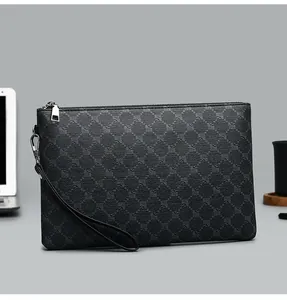 Macro view of textured geometric pattern on the black business clutch bag for men
