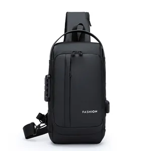 Men's anti-theft crossbody bag with TSA lock and USB charging port in black waterproof fabric