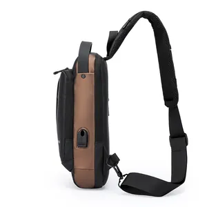 Black anti-theft sling bag with USB port and breathable mesh strap on white background