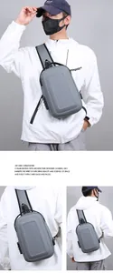 Detail view of anti-theft hardshell crossbody bag with integrated combination lock and strap