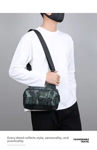 Close-up of a men's camouflage crossbody bag with dual buckle design on model