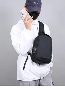 Detail of hard shell anti-theft chest bag with combination lock and USB charging port