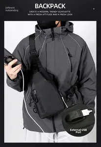 Detalle del bolso bandolera impermeable con puerto de carga USB externo y cremallera