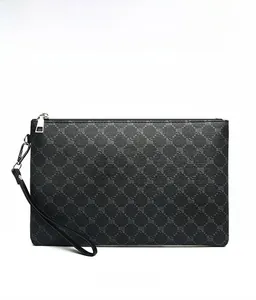 Front view of black business clutch with geometric pattern and silver zipper detail