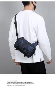 Detail of the blue camouflage crossbody bag with dual buckles and tactical nylon texture