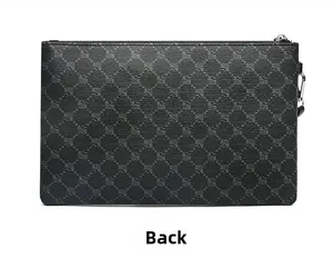 Rear view of black leather business clutch featuring hexagon embossed letter patterns