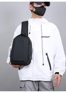 Detail shot of men's anti-theft sling bag with security code lock and external USB port