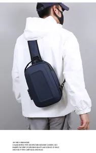 Detail of navy blue hard shell sling bag featuring anti-theft combination lock system