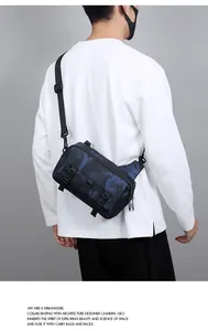 Detail of dark blue camo crossbody bag featuring functional buckles and D-rings
