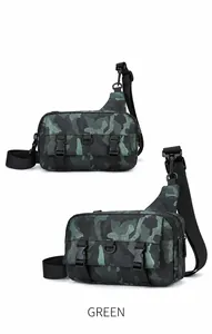 Detail of green camouflage tactical crossbody bag with dual buckles and D-ring