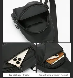 Detalle de la bolsa de pecho negra impermeable con múltiples bolsillos y puerto USB