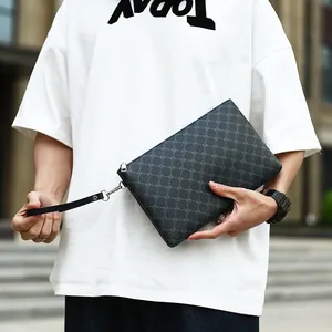Men's stylish letter print clutch bag with leather wrist strap and large capacity