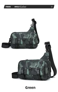 Detail of camouflaged green tactical sling bag with buckle and adjustable strap