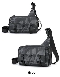 Detail view of the gray camouflage tactical crossbody bag with buckle closure and D-ring
