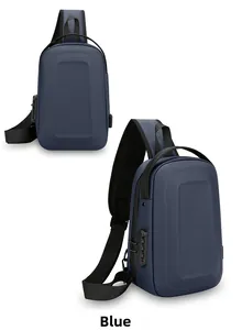 Detail of blue anti-theft sling bag featuring combination lock and external USB charging port