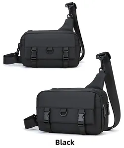 Detail view of black tactical crossbody bag with heavy-duty buckles and D-ring