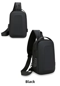 Detailed view of anti-theft combination lock and USB charging port on black hard shell bag