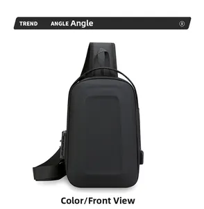Front view of black anti-theft sling bag with USB port and integrated TSA combination lock