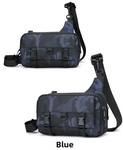 Blue camouflage crossbody bag featuring tactical buckle closures and durable nylon texture