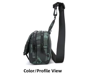 Side view of camo crossbody bag showing dual zippers and adjustable strap detail